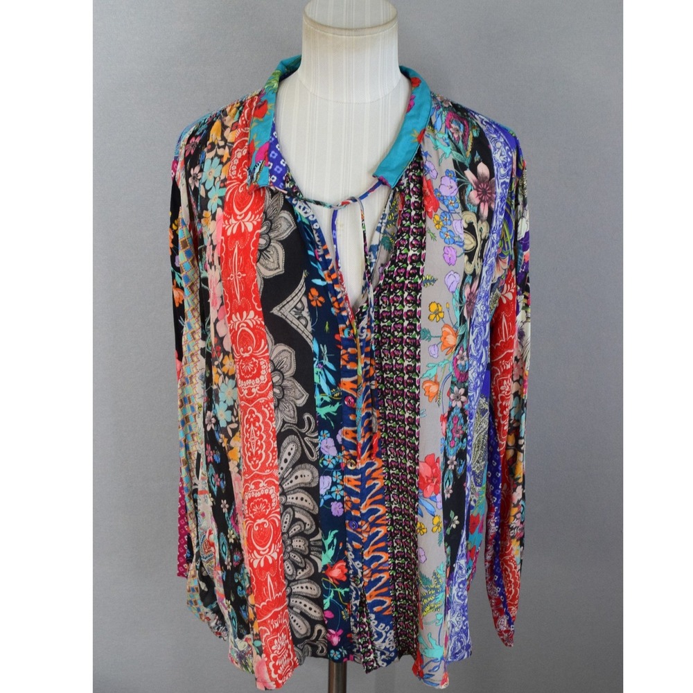 Johnny Was Treble Sofia Silk Blouse Large Patchwork Floral Paisley Boho Top Tie